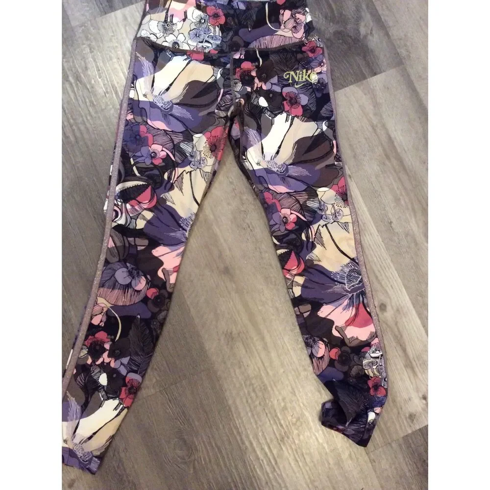 Nike Epic Running Leggings Floral Print Glitter Logo Woven Small S